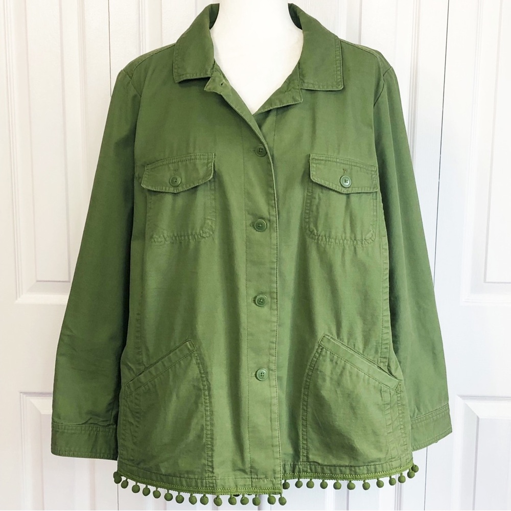 Talbots Olive Green Cotton Button Down Fringe Trim Utility Jacket 2X